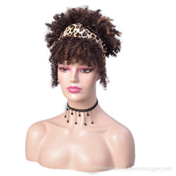 New Arrival Ombre Short Kinky Curly Turban Wrap Wig Synthetic Wig With Headband Afro Headband Wig Attached For Black Women Party
